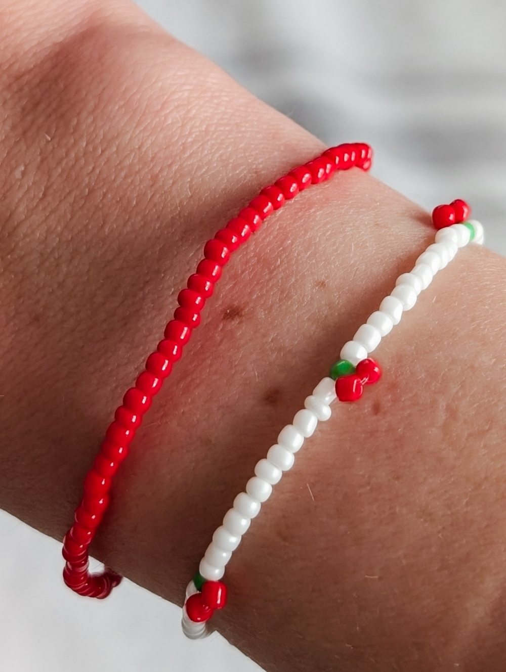 Handmade Red & White Cherry Seed Bead Bracelet Set